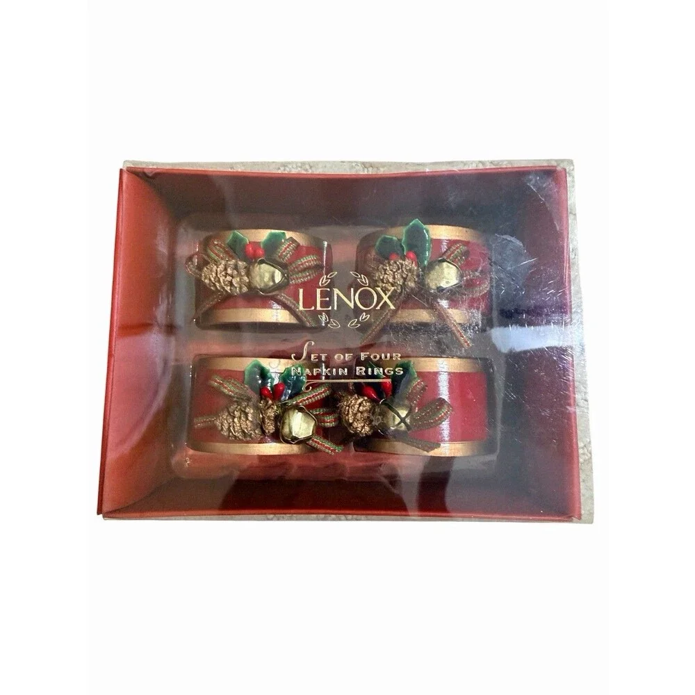 Vtg Lenox Christmas Napkin Rings Winter Greetings Set Of 4 Red & Gold Classic